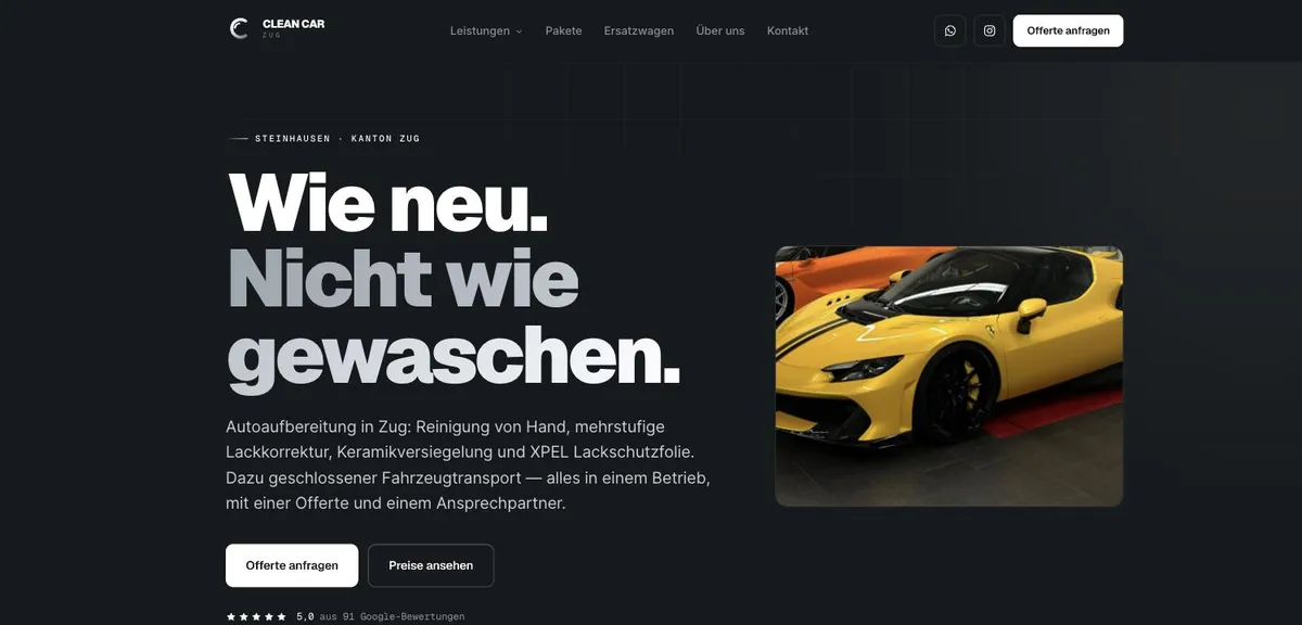 Neue Website von Clean Car Zug, gebaut von smt-SITES