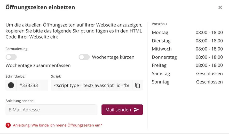 Der Dialog «Öffnungszeiten einbetten» mit Vorschau und Script-Feld