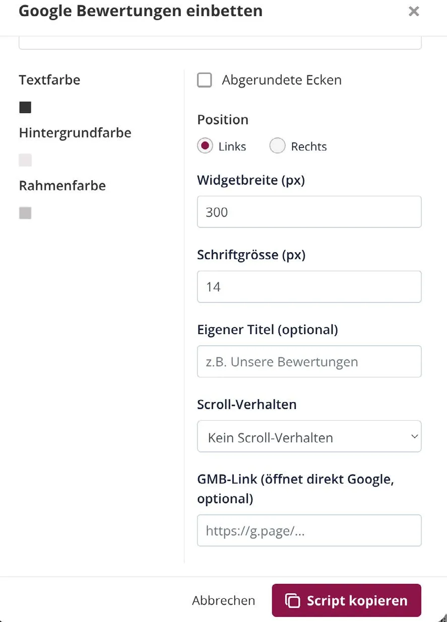 Die Widget-Einstellungen: Farben, Position und Scroll-Verhalten