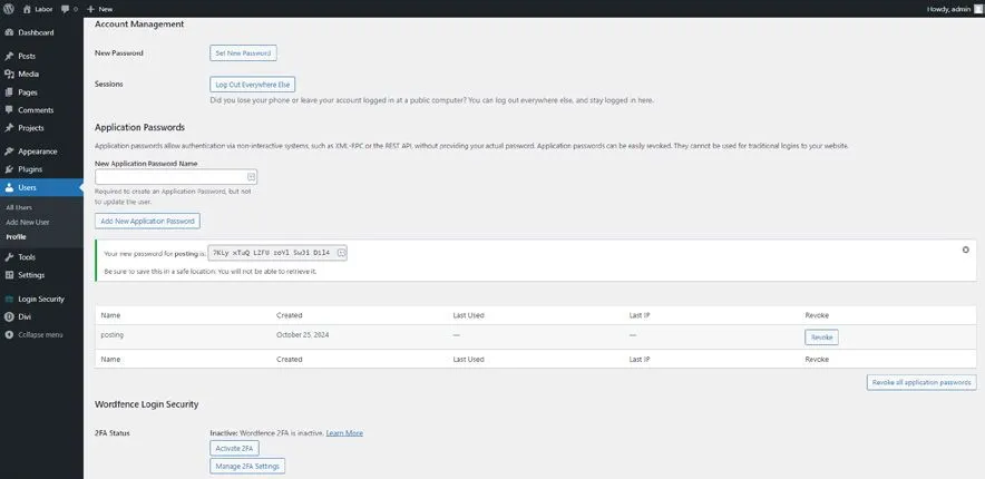 Application Passwords im WordPress-Dashboard